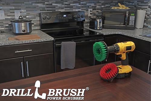 Drill Brush - Cleaning Supplies - Medium and Stiff Bristle Brush Kit - Spin Brush - Grout Cleaner - Tile, Counter-tops, Stove, Oven, Sink, Trash Can, Floors - Concrete Swimming Pools, Garden Fountains - color: Green / Red