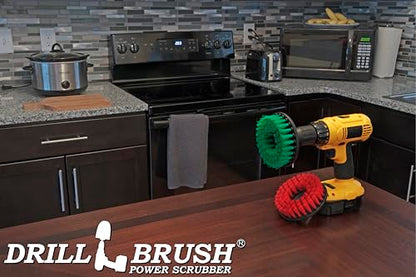 Drill Brush - Cleaning Supplies - Medium and Stiff Bristle Brush Kit - Spin Brush - Grout Cleaner - Tile, Counter-tops, Stove, Oven, Sink, Trash Can, Floors - Concrete Swimming Pools, Garden Fountains - color: Green / Red