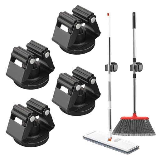 4 Pack Strong Magnetic Broom Holder, No Drill Heavy Duty Mop and Tool Organizer with Anti-Slip Rubber Grippers, Movable Wall Mounted Storage Rack for Kitchen, Garage, Garden, RV and Laundry, Black