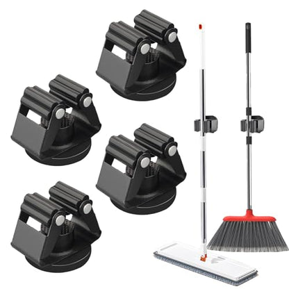 4 Pack Strong Magnetic Broom Holder, No Drill Heavy Duty Mop and Tool Organizer with Anti-Slip Rubber Grippers, Movable Wall Mounted Storage Rack for Kitchen, Garage, Garden, RV and Laundry, Black