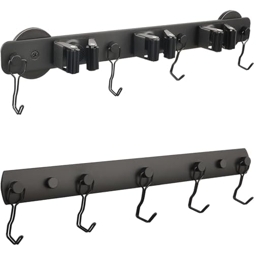 Heavy Duty Magnetic Mop Broom Holder, Srtong Magnetic Utensil Rack with 5 Hooks