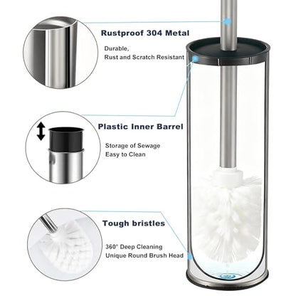 Toilet Brush and Holder Set: 304 Stainless Steel Toilet Bowl Brush for Bathroom Deep Cleaning,Removable Inner Bowl and Splash Protection,Compact and Durable (Silver)