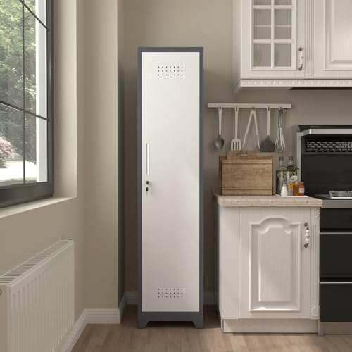 Metal Broom Storage Cabinets, Narrow Cabinet with Hooks, 65" Slim Bathroom Storage Cabinet with Shelves, Heavy-Duty Cleaning Cabinets for Utility Room, Gym, Office, Garage - color: 65"h-slim Cabinet / White+grey