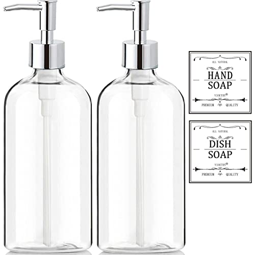 Clear Soap Dispenser with Rust Proof Pump, Waterproof Labels (2 Pack,16 Oz), Plastic Hand Soap Dish Soap Dispenser for Kitchen Bathroom - color: Clear
