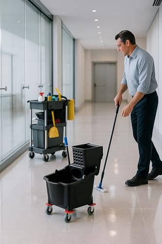Black 35-Quart Commercial Mop Bucket with Side-Press Wringer – Heavy-Duty Cleaning System for Restaurants, Hotels, Schools, Offices, and Industrial Floor Maintenance - color: Black