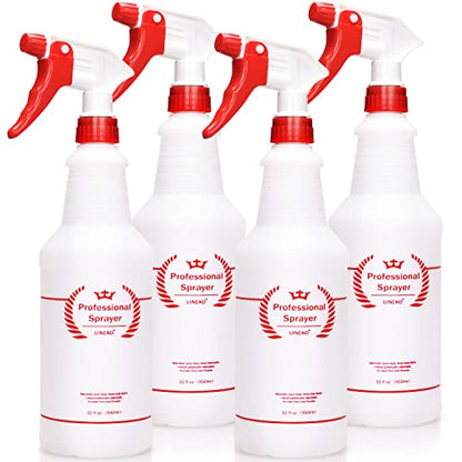 Uineko Plastic Spray Bottle (4 Pack, 32 Oz, All-Purpose) Heavy Duty Spraying Bottles Leak Proof Mist Empty Water Bottle for Cleaning Solution Planting Pet with Adjustable Nozzle and Measurements - size: 32 Oz, 4 Pack