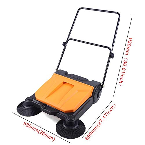 26" Walk-Behind Hand Push Floor Sweeper, Industrial Walk-Behind Floor Board Sweeping Cleaning Machine Commercial 360°Spin Walk-Behind Floor Sweeper Cleaner, Yellow & Black