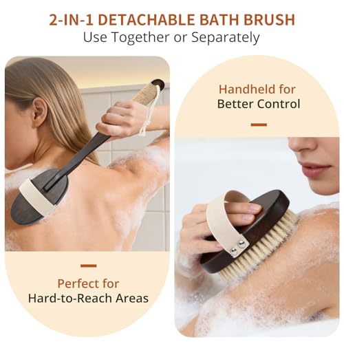 Dry & Wet Brushing Body Brush, Natural Boar Bristle Back Scrubber for Shower with Detachable Handle, Exfoliating Brush for Lymphatic Drainage, Improved Circulation & Smooth Skin - color: Dark Brown