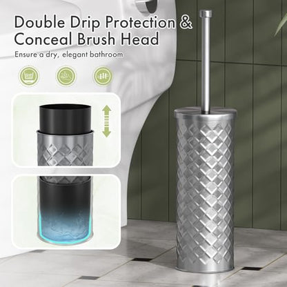 Toilet Bowl Brush and Holder Set 2 Pack with 4 Extra Brush Heads | Extra Long Handle with Splash Guard Cover, Tool-Free Installation, Bathroom Space-Saving, Cleaner Sets for Apartments, RV (Silver) - color: Silver