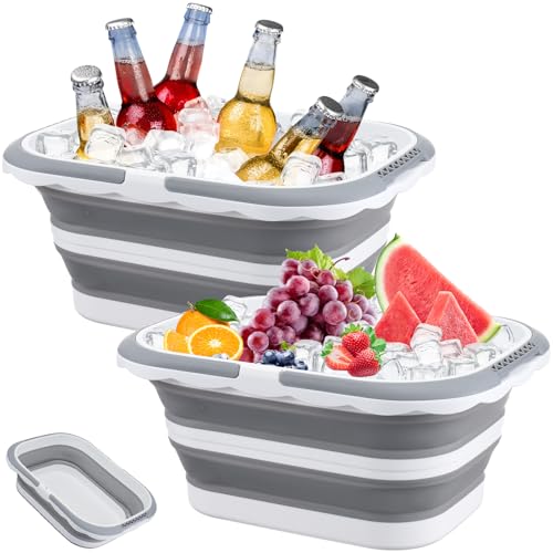 2 Pack Ice Buckets for Parties, Foldable Beverage Tub, Collapsible Ice Bucket for Wine Beer Champagne, Large Beer Ice Buckets Drink Cooler, Space Saving Ice Storage Tub Ice Cube Bin (8.5L*2) - color: Wave