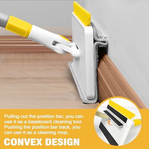 JEHONN Baseboard Cleaner Tool with Handle, 56 inches Base Boards Cleaning Mop Scrubber, 1 Stiff Bristles Brush, 2 Chenille and 2 Microfiber Pads, Wall Duster for Floorboard Ceiling Window (Yellow) - color: Yellow