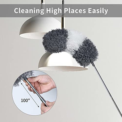 BOOMJOY Microfiber Feather and Cobweb Duster Set, Bendable Head and 100 inches Extension Pole, for High Ceiling, Fan, Blinds, Furniture