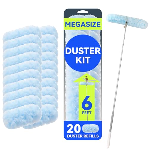 6 ft Duster Extended Handle with 20 Pcs Duster Refill for Swiffer, Duster with Extension Pole, Heavy Duty Duster Refills Kit for Ceiling Fan Blades, Cleaning, Furniture, Blind, Hard-to-Reach Areas