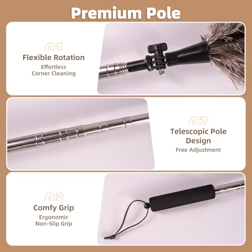 Extendable Ostrich Feather Duster with 19-49 inch Rotatable Stainless Steel Pole, Natural Feather Duster for Ceiling Fan Cobweb Dusting, Reusable Flexible Cleaning Duster(Include 1 Replacement Heads) - color: 49in-brown