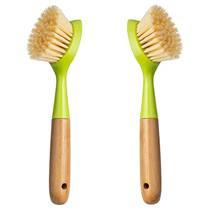2 Pack Kitchen Dish Brush Bamboo Handle Dish Scrubber Built-in Scraper, Scrub Brush for Pans, Pots, Kitchen Sink Cleaning, Dishwashing and Cleaning Brushes are Perfect Cleaning Tools, Color-Green - style: Green