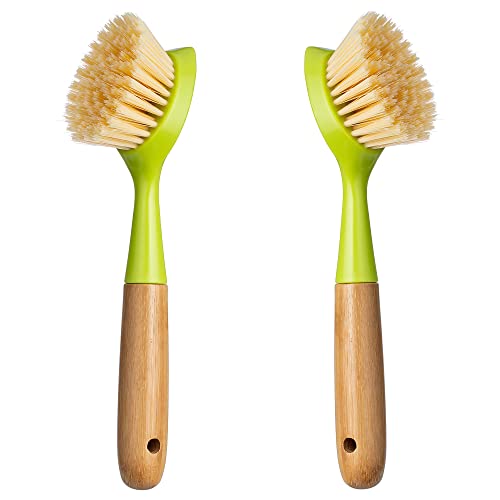 2 Pack Kitchen Dish Brush Bamboo Handle Dish Scrubber Built-in Scraper, Scrub Brush for Pans, Pots, Kitchen Sink Cleaning, Dishwashing and Cleaning Brushes are Perfect Cleaning Tools, Color-Green - style: Green