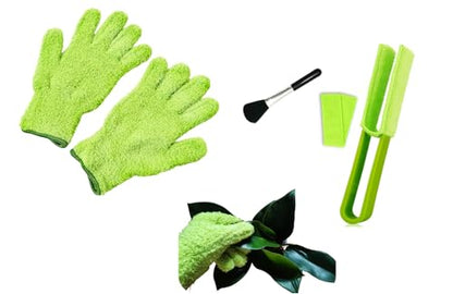 Microfiber Gloves for Plant Dusting, Dusting Gloves for Plants, Gentle Leaf Shine, Comes with 2 Removable Sleeves and 1 Cleaning Brush (5pcs)