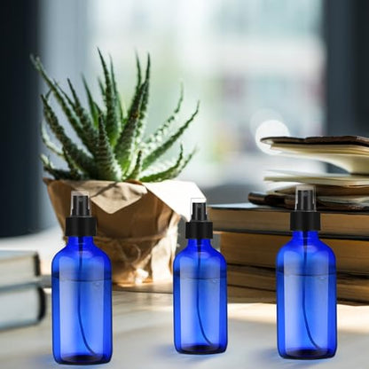 Norme 12 Pcs 8 oz Glass Spray Bottles with Funnels and Labels Refillable Cosmetic Empty Spray Bottles with Sprayer Containers for Essential Oil Cleaning Solutions(Blue,Stylish) - color: Blue, style: Stylish