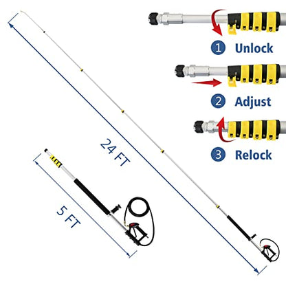 JANZ 24 FT Pressure Washer Telescoping Wand with Power Washer Extension Wands, Brush Head, Gutter Cleaner, 7 Spray Nozzle Tips, 2 Hose Adapters and Support Belt TW-004