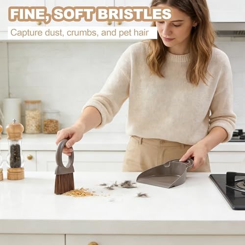 Mini Broom and Dustpan Set with Round Handle, Compact Small Hand Broom with Soft Bristles for Kitchen Counter, Desk, Drawer, Pet Area & Car Interior, Space-Saving Portable Cleaning Tool (Coffee) - color: Coffee