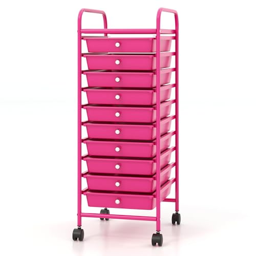 COSTWAY 10-Drawer Rolling Storage Cart, Utility Mobile Trolley with Removable Drawers & Universal Casters & 2 Brakes, Versatile Flexible Drawer Organizer Cart for Home, Office, Hot Pink - color: Hot Pink, size: 13"L x 15"W x 34"H (10 Drawer)