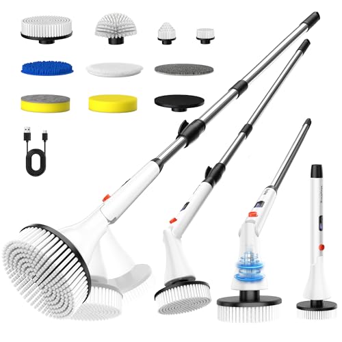 MayKing Electric Spin Scrubber with 9 Brush Heads, 3-Angle & 4-Length Adjustable Cordless Power Scrubber, 3-Speed & Battery LED Display, Electric Scrubber for Cleaning Bathroom Bathtub Floor Tiles - color: White