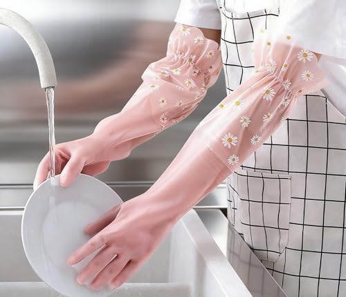 Dishwashing Cleaning Gloves Waterproof Tear-Resistant Household Rubber Cleaning Gloves with Long Elastic Cuffs
