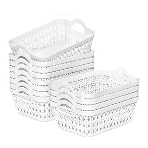 Set of 12 Plastic Storage Baskets Tray with Handle, Small Organizing Baskets for Desk, Drawer, Home, Office (White) - size: Small
