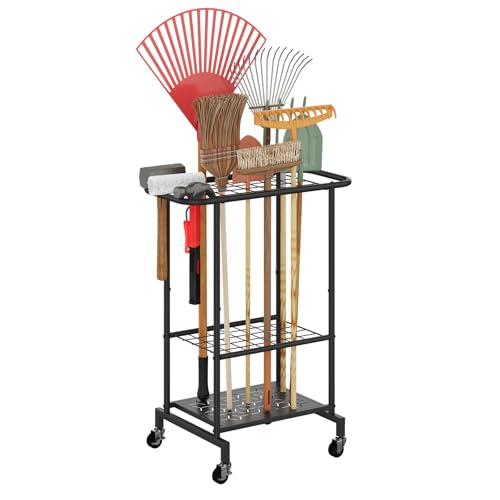 Garden Tool Organizer with Wheels, Yard Tool Rack Heavy Duty Steel Tool Organizer and Storage Holder Broom Holder for Garage, Shed, Patio, Indoor/Outdoor - style: Rack with Wheels