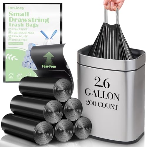 200 Count Small Drawstring Trash Bags for 2.6-Gallon (10 L) Trash Cans,Thick Pre-separated Garbage Bags,Mini Wastebasket can Liners for Bathroom Bedroom Office(Black) - color: Black-2.6Gallons, size: 1 Count (Pack of 200)