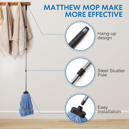 Matthew Large Commercial&Residential Mop Heavy Duty Industrial Mops w/Screw-on handle(Fit Standard American Screw)Looped-End String Wet Cotton Mops for Home,Office,Warehouse - 1 Set&2 Mop Replacements - color: Medium Mop Stick(screw-on), size: 1 Looped En