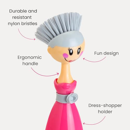 Vigar Dolls Dish Brush with Handle and Holder - Dish Scrubber Brush for Dishes and Pans, Kitchen Scrub Brush, Dishwashing Brush for Kitchen Sink Cleaning, Cute Standing Dish Brush Design - Pink, Gray - color: Pink, Gray