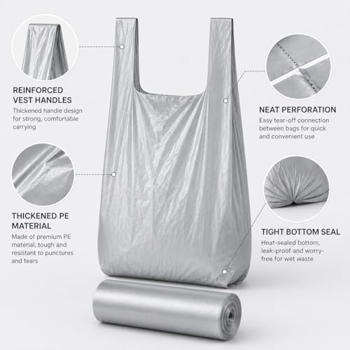 Trash Bags Small Garbage Bags with Handle 1 Rolls 30 Count Strong Kitchen Bathroom Waste Bags Leak Resistant Disposable Bin Liners Black - color: Silver