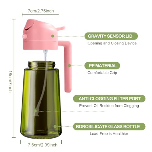 YARRAMATE 16oz/470ml Dark Green Oil Sprayer for Cooking with Stickers, Food-grade Premium 2 in 1 Olive Oil Dispenser Bottle for Kitchen Gadgets, Air Fryer, Salad, Frying, BBQ (Pink) - color: 07_Pink