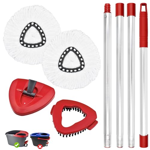 Spin Mop Replacement Handle, 2 Pack Mop Head&Base Scrub Brush 4-Section 30-to-58 inch Mop Replacement Stick Compatible with Ocedar Mop Handle for Easy Wring Mop Refills - size: White