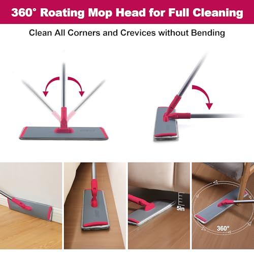 JOYMOOP 18 Inch Dust Mop for Hardwood Floors, Heavy Duty Industrial Wet Dry Mops with Telescopic Handle, Includes 3 Microfiber Mop Pads - Red-Grey