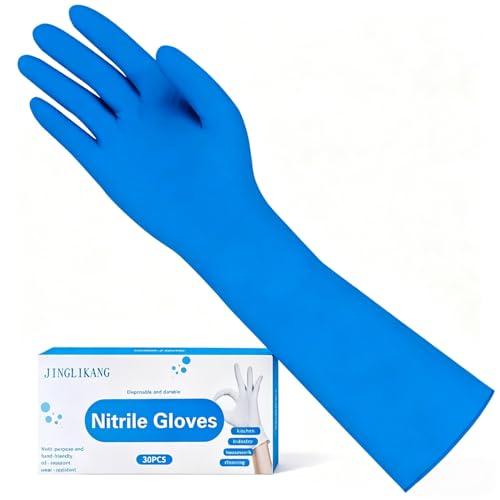 Long Sleeves Durable Disposable Nitrile White Gloves 15inches,Household Cleaning Dishwashing Waterproof 30PCS - color: Blue, size: Small