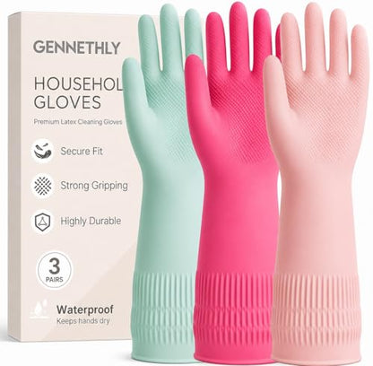 Rubber Dishwashing Gloves, 3 Pairs, Reusable Cleaning Dish Gloves for Kitchen, Non-Slip, Waterproof Dish Washing, Long Cuff for Woman (Red+Pink+Green, Large)