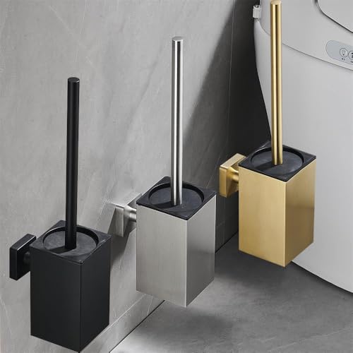 Toilet Brush and Holder Wall Mounted, NSCMQSL Toilet Bowel Brush for Cleaning with Stainless Steel Handle,Space Saving for Storage Toilet Brush Wall Mount Square(Brushed Gold)