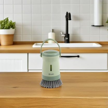 NUOBESTY Soap Dispensing Kitchen Scrub Brush with Handle for Pots and Pans, Palm Dish Scrubber Brush with Built-in Soap Dispenser, Green Dishwashing Tool for Sink Cleaning