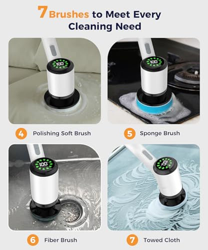 Electric Spin Scrubber, Cordless Bathroom Scrubber with 7 Brush Heads, Adjustable Long Handle Shower Scrubber for Tile Grout, Kitchen Sink, Tub, Floor, Car Wheel, White-te1 - size: 7heads