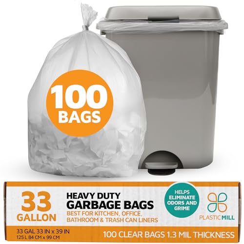 PlasticMill Heavy Duty Trash Bags - Clear Garbage Bags - Plastic Trash Liners - Tall Waste Bags, Trash Can Liners - 33-Gallon Large Kitchen Rubbish Sacs, 1.3 Mil, 33"x39" (100-Count)