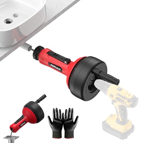 POPULO Auto-Feed 17FT Drain Snake Auger for 3/4"-2" Pipe, Plumbing Snake Drain Auger with Drill Adapter, Sink Snake Drain Hair Remover for Kitchen, Bathroom and Shower Sink, PMDA-5 - style: 16Ft