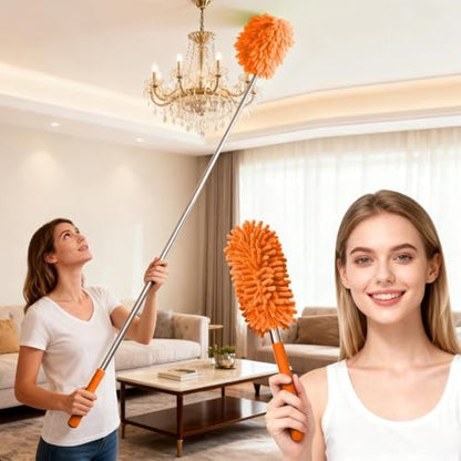 Extendable Microfiber Duster, Telescoping Dusting Brush for Home and Car Cleaning, Adjustable Length, Soft and Flexible - color: Elongated Orange
