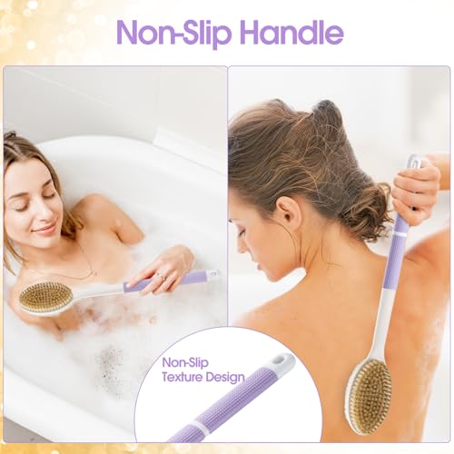 Backski Back Scrubber Anti Slip for Shower, Long Handle Bath Brush with Stiff and Soft Bristles for Exfoliation, Dual-Use Shower and Dry Body Brush(Purple) - color: Purple