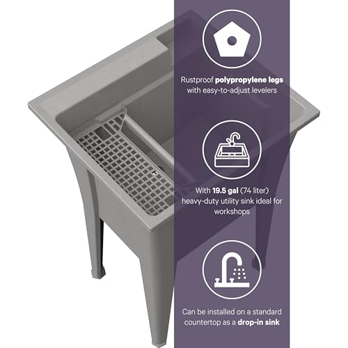 Freestanding Utility Sink with Two Handle Chrome Faucet - 24" Plastic Utility Sink for Garage, Laundry, Indoor and Oudoor Use - Laundry Tub Kit by Noah William Home - Grey (19.5 gal) - color: Grey - Two handle chrome faucet