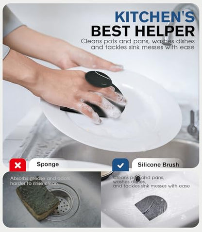 2 Pack Silicone Sink Cleaning Brush with Squeegee, Flexible Non-Scratch Dish Scrubber for Kitchen and Bathroom Sink, Countertop & Dishwashing, Suction Cup Hanging Design (Black) - color: Black