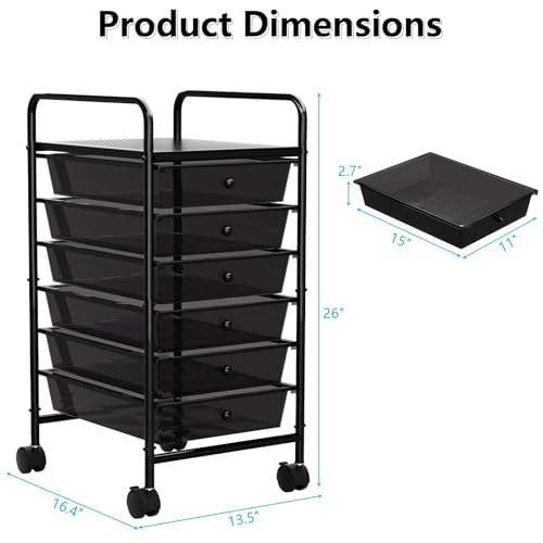 Rolling Cart with Drawers, 6-Tier Rolling Storage Cart with Drawers, Rolling Utility Cart with 6 Drawers with 2 Lockable Caster Wheels for Office Bathroom Kitchen, Transparent Black - size: Black, 6-Tier