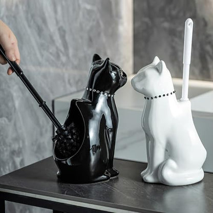 Cat Toilet Brush Holder - Ceramic Whimsical Feline Design with Wide-Mouth Storage, Black Toilet Bowl Brush and Holder Set Cute for Bathroom Ground, Easy-Clean Cat Lover Gift (Black)