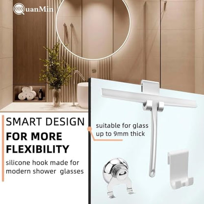 Upgraded 9 Inch Rounded Shower Squeegee with Hook & Suction Cup, Stainless Steel Core Silicone Blade, Streak-Free Wiper for Shower Doors, Windows, Mirrors, Tile & Household Cleaning (White) - size: Square Headed-9 inch（White）
